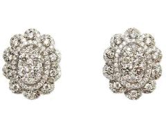 18K White Gold Oval Shaped Diamond Cluster Stud Earrings
