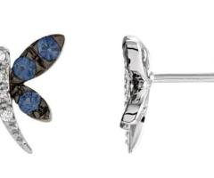 14k White Natural Blue Sapphire & .04 Ctw Natural Diamond Dragonfly Earrings