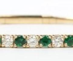 14K Yellow Gold 1.35Ctw Diamond And 1.45Ctw Emerald Flex Bangle Bracelet