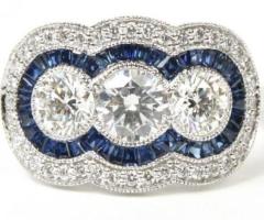 14K White Gold Triple Diamond Ring With Sapphire And Diamond Halos