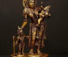 10" Brass Goddess Parvati with Her Sons Ganesha and Karttikeya | Handmade